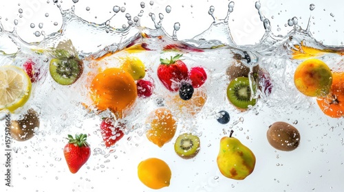 various fruits falling from a height, splashing into water, with fresh detail, isolated on a white background