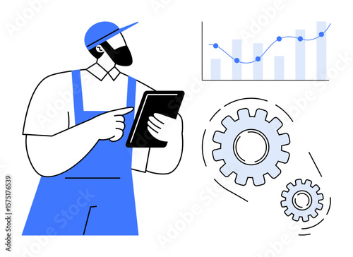 Male worker in uniform using a digital tablet to assess performance data. Gears and chart suggest productivity and process. Ideal for industry, tech, analysis, planning, workflow, operation, simple