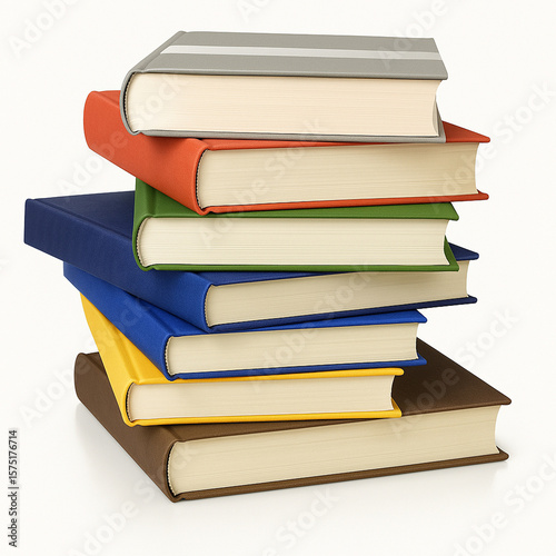 A stack of colorful hardcover books isolated on white background