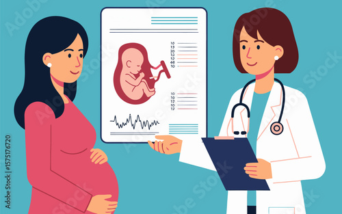 Expectant woman with doctor reviewing fetal ultrasound and heartbeat graph.