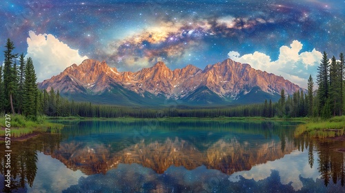A stunning view of the Milky Way galaxy glowing above a quiet mountain lake, the reflection of the stars creating a mesmerizing scene.