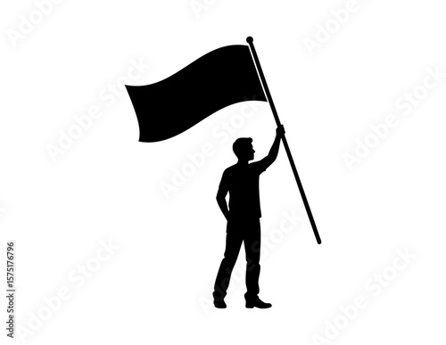 Silhouette man raising flag suitable for patriotic designs. Ideal for national holidays, freedom celebrations, pride events, and political campaigns.