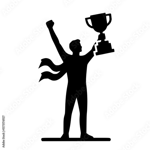 Man holding trophy icon, black silhouette, arms raised, excited winner pose, minimal clipart
