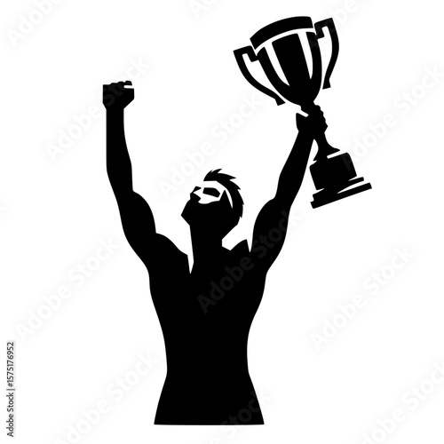 Man holding trophy icon, black silhouette, arms raised, excited winner pose, minimal clipart
