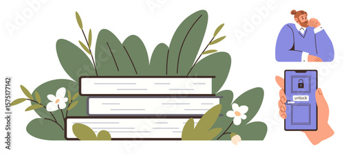 Stack of books with plant decor, thoughtful person, smartphone with unlock screen. Ideal for education, e-learning, creativity, knowledge, technology reading self-growth. Simple flat metaphor