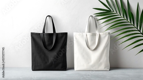 Black and white blank tote bags with shadow and palm leaf on minimal background

