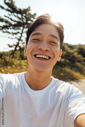 Man with a wide grin, eyes closed, on a sunny day outdoors. The warmth of the sun and the joy on his face creates a refreshing, positive feel.