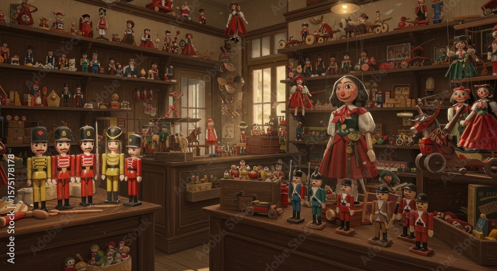 Obraz premium Whimsical toy emporium showcasing handcrafted dolls and wooden soldiers brimming with nostalgia
