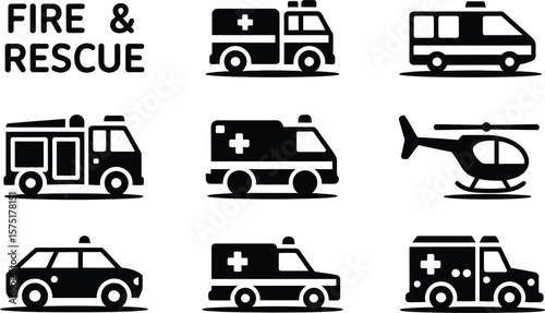 Fire and Rescue Icons Ambulance Fire Truck Helicopter and Police Car Silhouettes
