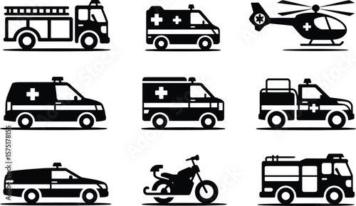 Black and White Emergency Vehicles Fire Truck Ambulance Helicopter Motorcycle Icons