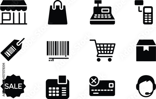Black and White Shopping Icons Including Store Bag Cash Register and Sale