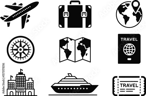 Black and White Travel Icons Airplane Suitcase Globe Compass Map Passport Cruise Ticket