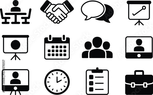 Business and Office Icons in Black and White on White Background