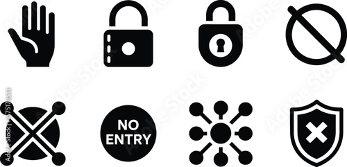 Black and White Icon Set Hand Padlocks Forbidden Signs and Shield