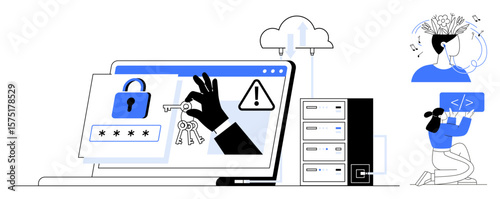 Hand stealing keys from a laptop screen with warning icons, password boxes, cloud upload, a coder, and a person reviewing data. Ideal for cybersecurity, data protection, coding, hacking prevention