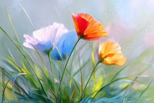 Vibrant poppies in pastel hues, soft brushstrokes on grass