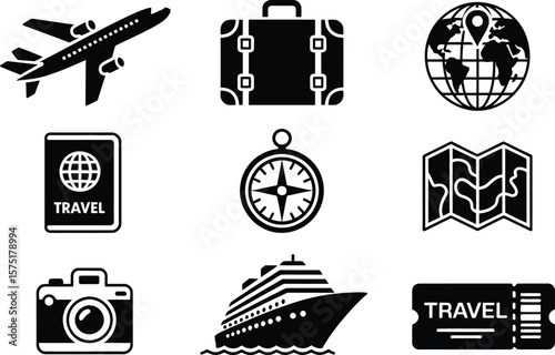 Black and White Travel Icons Airplane Suitcase Globe Passport Compass Map Camera Cruise Ticket