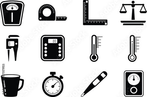 Black and White Measurement Tools and Instruments Icons