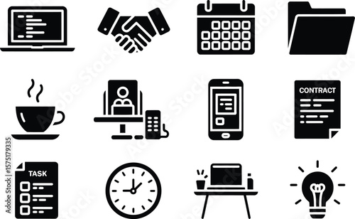 Black and White Office Icons: Laptop Handshake Calendar Folder Coffee Phone Contract Task Clock