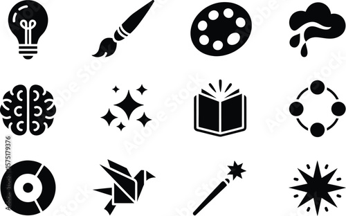Black Icons of Lightbulb Paintbrush Palette Cloud Brain Book Circle Origami Bird Wand Starburst