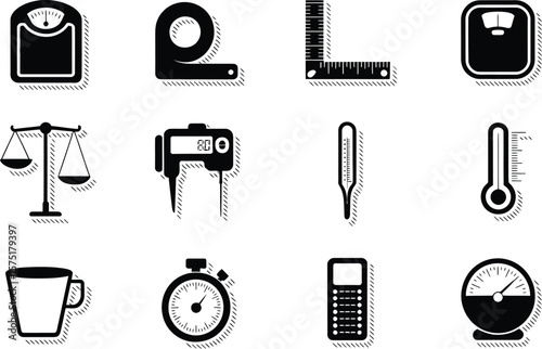 Black and White Measurement and Weight Icons scale