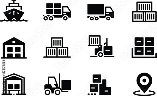 Black and White Shipping and Logistics Icons Set delivery