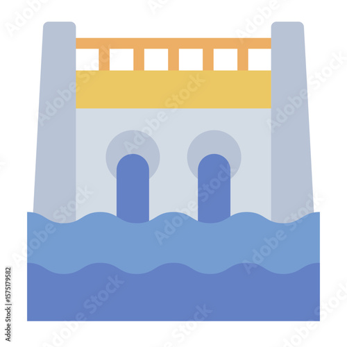 hydroelectric dam flat icon with flowing water energy