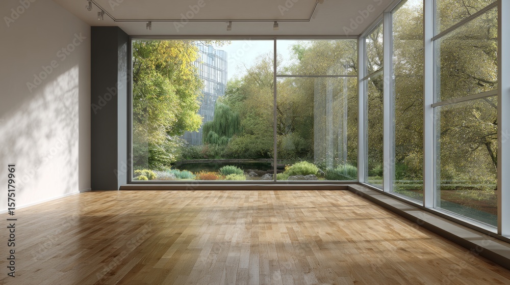 Naklejka premium Empty room with hardwood floor and large windows overlooking a tranquil garden