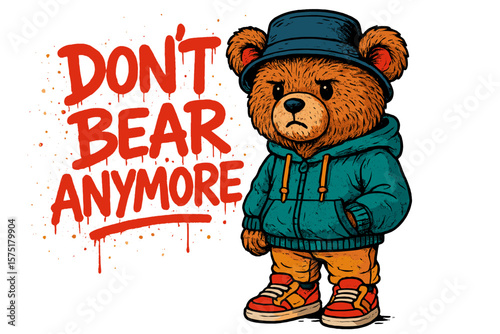Bear in a hoodie with street art background conveying a bold message about change