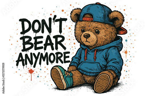 Cute teddy bear character sitting in a hoodie with a playful attitude and a stylish cap in a colorful design