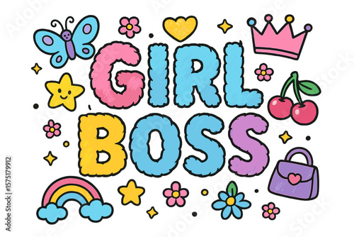 Colorful and playful illustration celebrating girl empowerment and leadership with whimsical designs