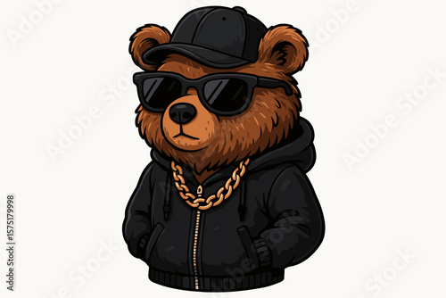 Stylish bear wearing sunglasses and a cap showcases urban fashion with a gold chain in a playful illustration