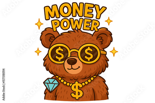 Cute bear character wearing sunglasses and jewelry symbolizes wealth and success in a vibrant design