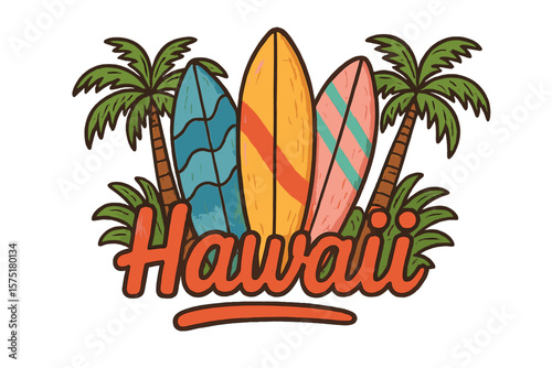 Colorful surfboards and palm trees create a vibrant tropical vibe in Hawaii during a sunny day