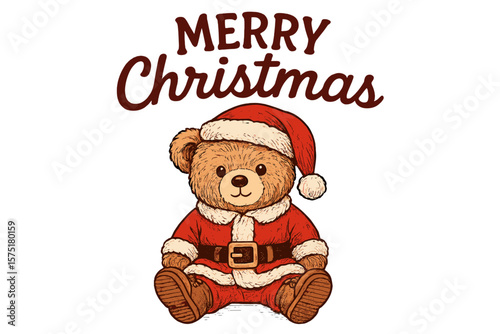Cute teddy bear in a Christmas outfit with a joyful greeting celebrating the holiday season