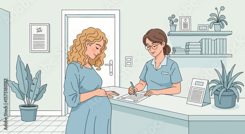 Expectant Mother at Clinic Reception Preparing for Prenatal Appointment.