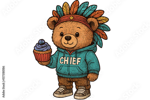 Bear character wearing a feathered headdress and holding a cupcake in a colorful, playful setting