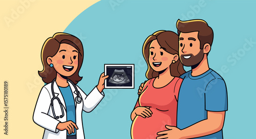 Expectant couple with doctor viewing ultrasound image of their unborn child.