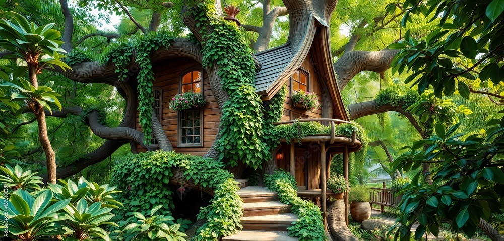 Fototapeta premium A whimsical tree house nestled amongst lush green leaves, offering ample empty space, spring, summer