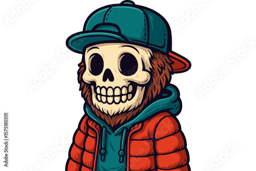 Stylish skeleton character wearing a cap and hoodie in vibrant colors standing against a white background