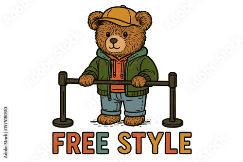 Bear dressed in casual clothing stands by a barrier with a fun expression in a playful urban environment