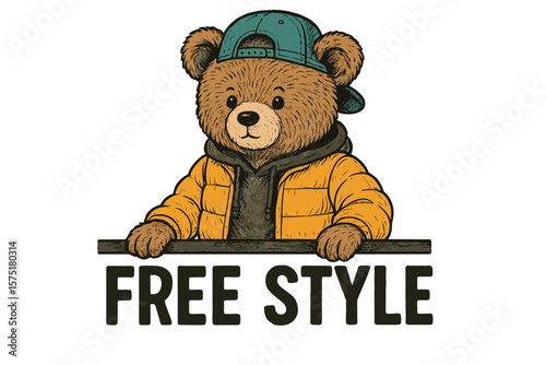 Cute cartoon bear wearing a cap and jacket promoting a fun free style activity for kids