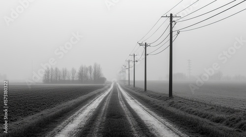 A misty, monochrome landscape featuring a dirt road lined with utility poles, vanishing into a foggy horizon.  The scene is serene and evokes a sense of solitude and quiet contemplation