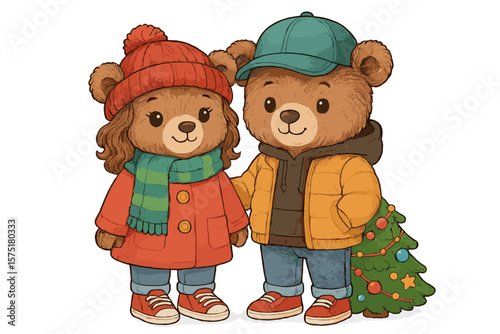 Cute cartoon bears dressed for winter festivities in a cozy setting with a small Christmas tree