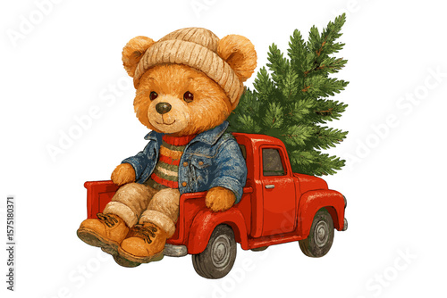 Cute bear in a red truck with a Christmas tree in a winter setting