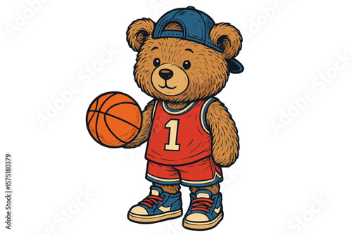 Cute bear character dressed in a sports outfit holds a basketball in a playful pose, perfect for children's entertainment and apparel design