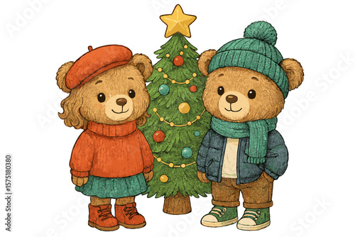 Cute bears celebrating winter holidays by a decorated Christmas tree in cozy clothing