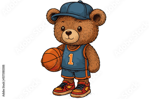 Cute bear character dressed in sports attire holding a basketball ready to play on the court