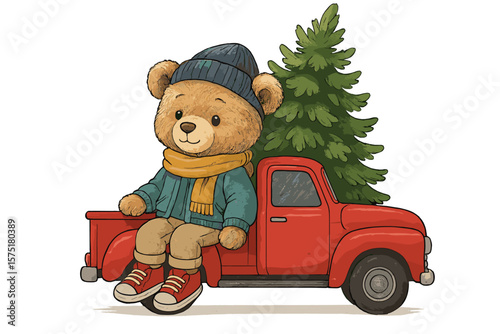 Cute bear character sitting on a red vintage truck with a Christmas tree in a festive winter setting