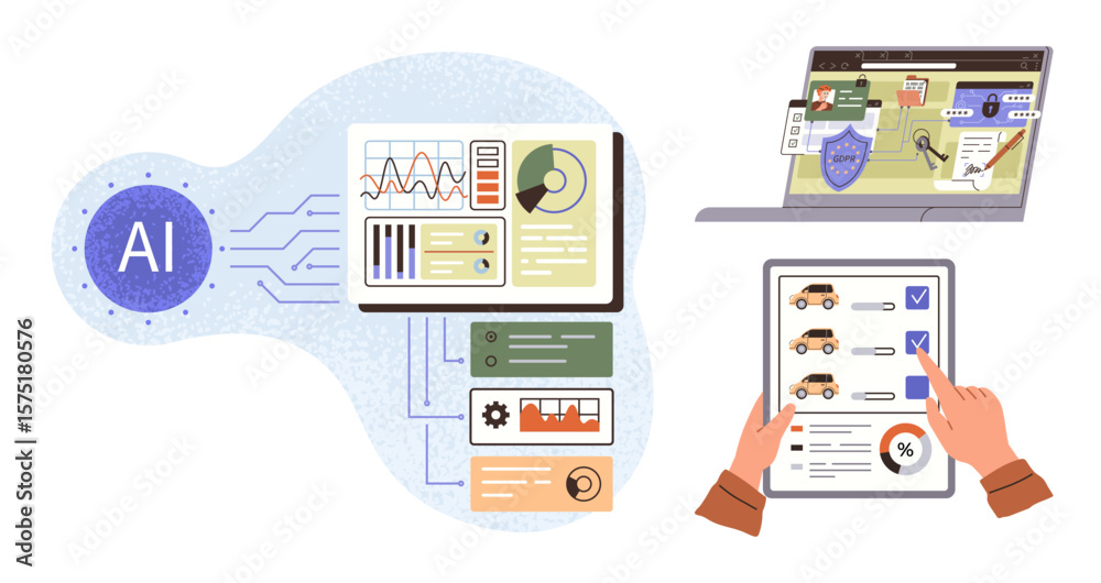 Fototapeta premium Digital dashboard with AI processing data, secure transactions on laptop, and user reviewing options on tablet. Ideal for AI, analytics, automation, cybersecurity, technology, innovation digital